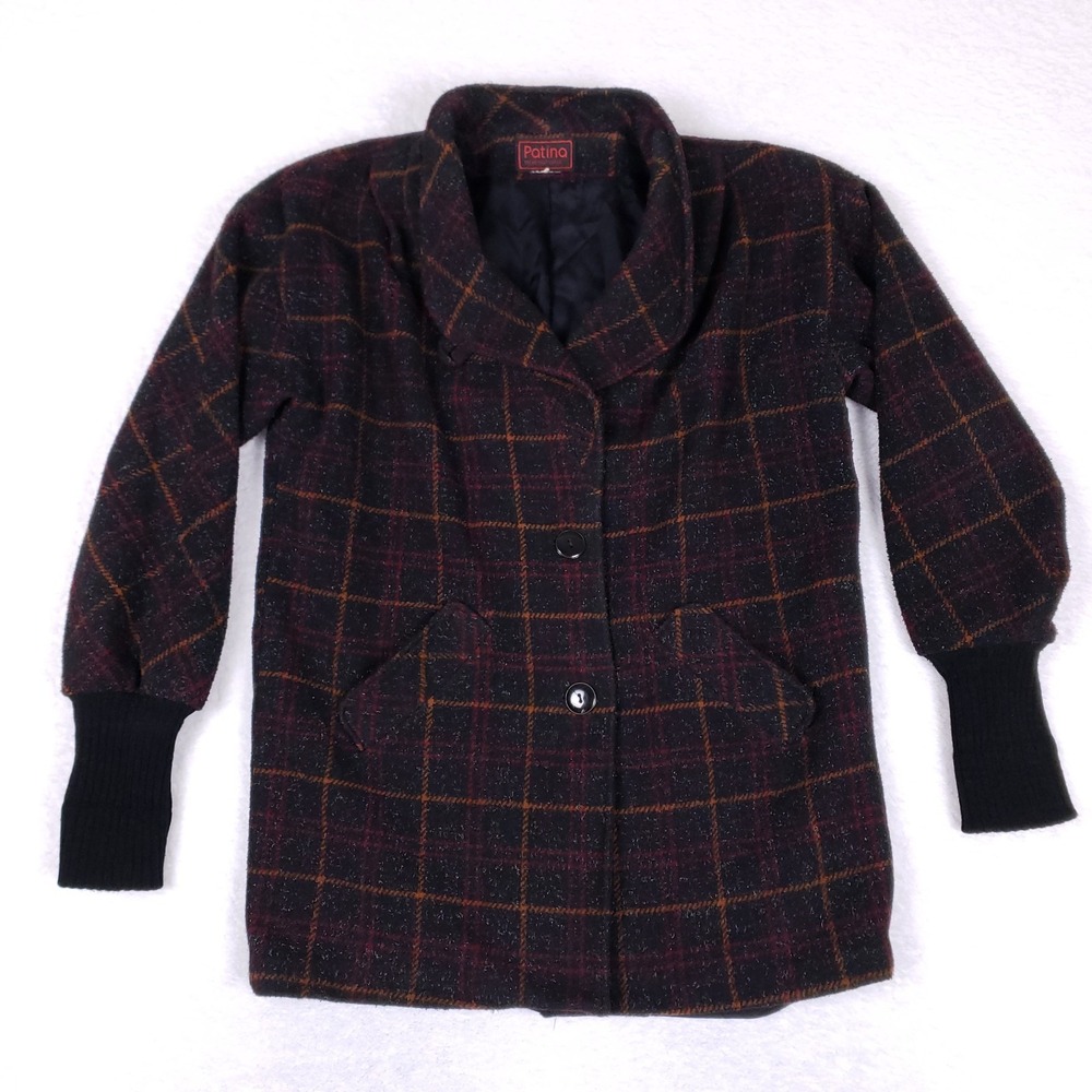 Vintage Patina Coat Shawl Collar Large‎ Windowpane Plaid Academia Cottagecore